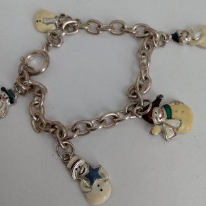 Creamy Enamel Snowman Charms Silvertone Chain Christmas Bangle Bracelet